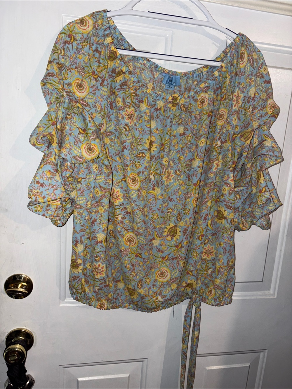 CeCe Blue Floral Ruffle Sleeve Blouse with Yellow Accents